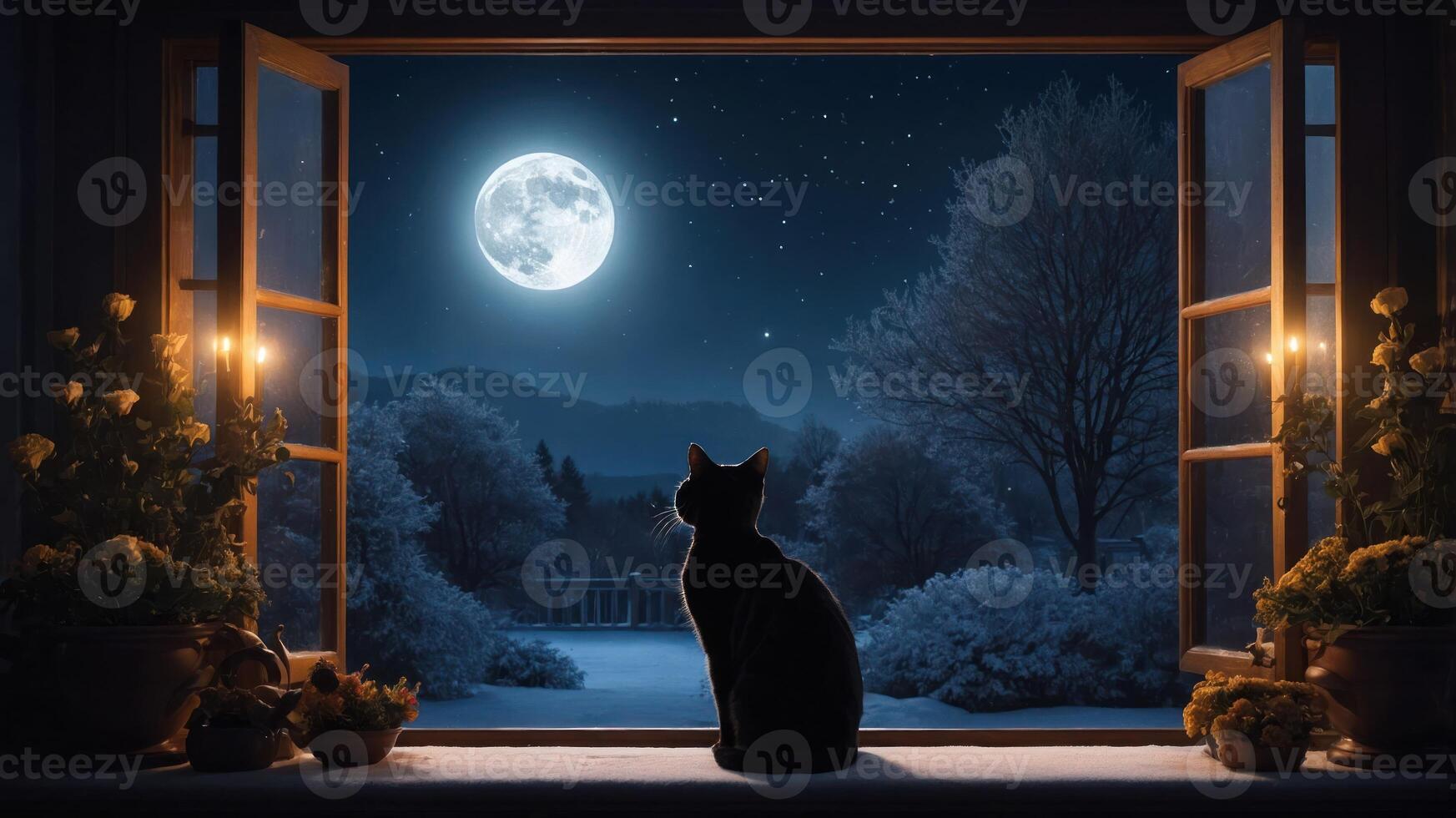 A serene night scene featuring a cat gazing at a full moon through an open window. photo