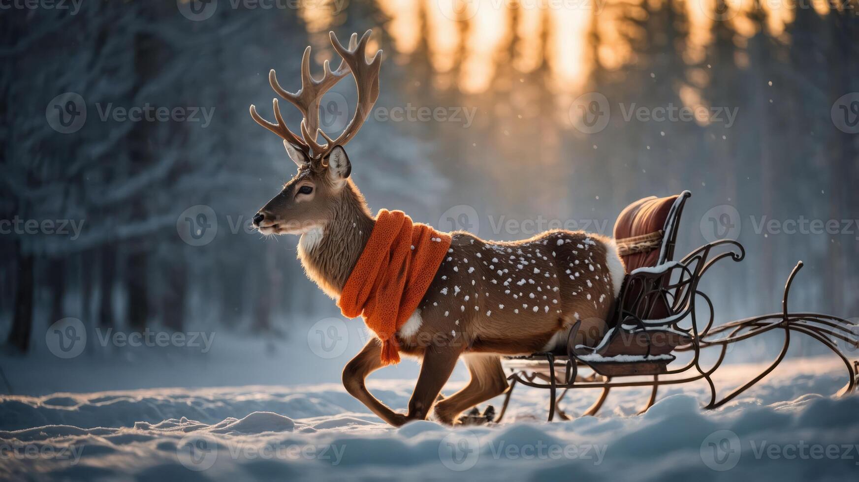 A deer pulling a sleigh in a snowy landscape during sunset, adorned with a bright orange scarf. photo