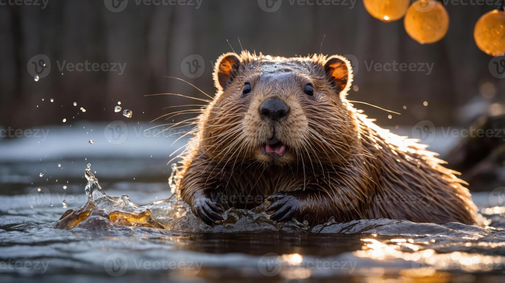 A beaver splashes in a serene river, showcasing its playful nature in a natural setting. photo