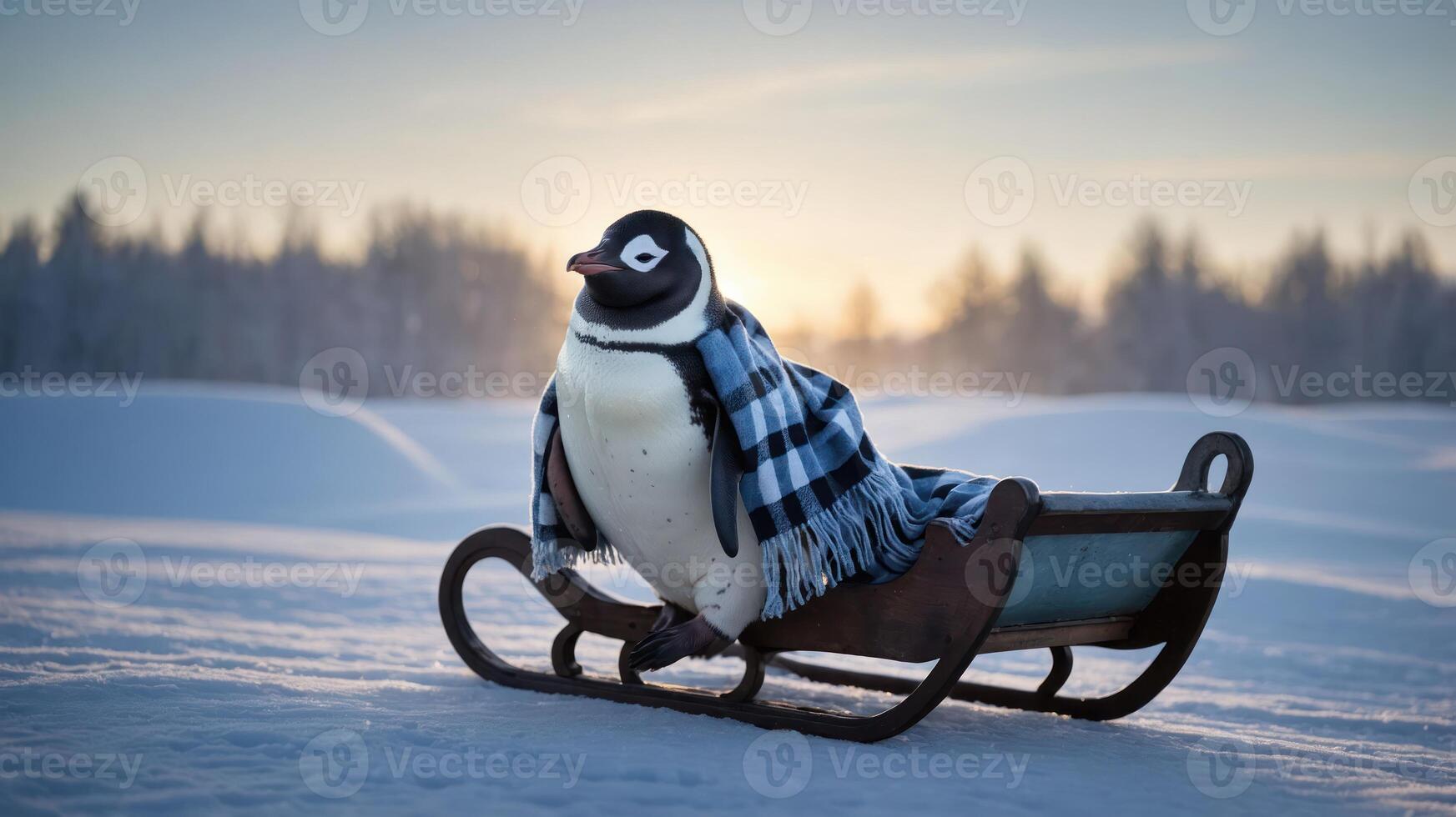 A penguin draped in a scarf sits on a sled in a snowy landscape at sunset. photo