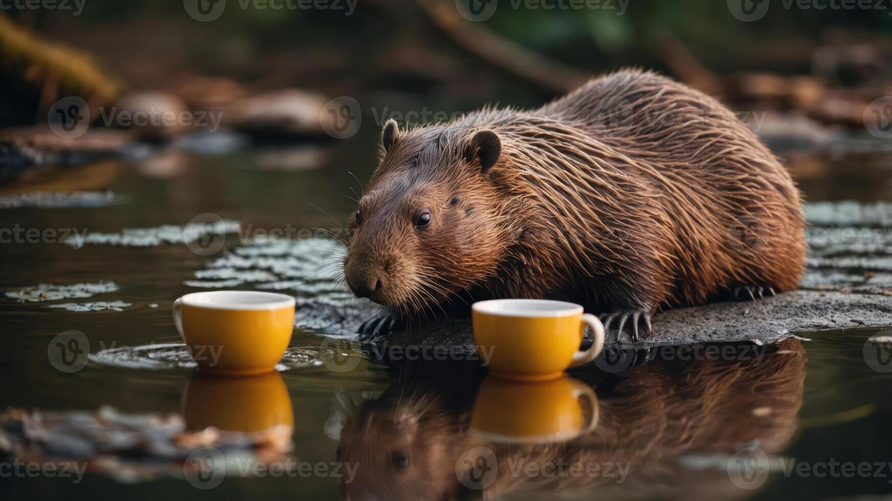 A beaver sits by a serene pond with two yellow cups, creating a whimsical scene. photo