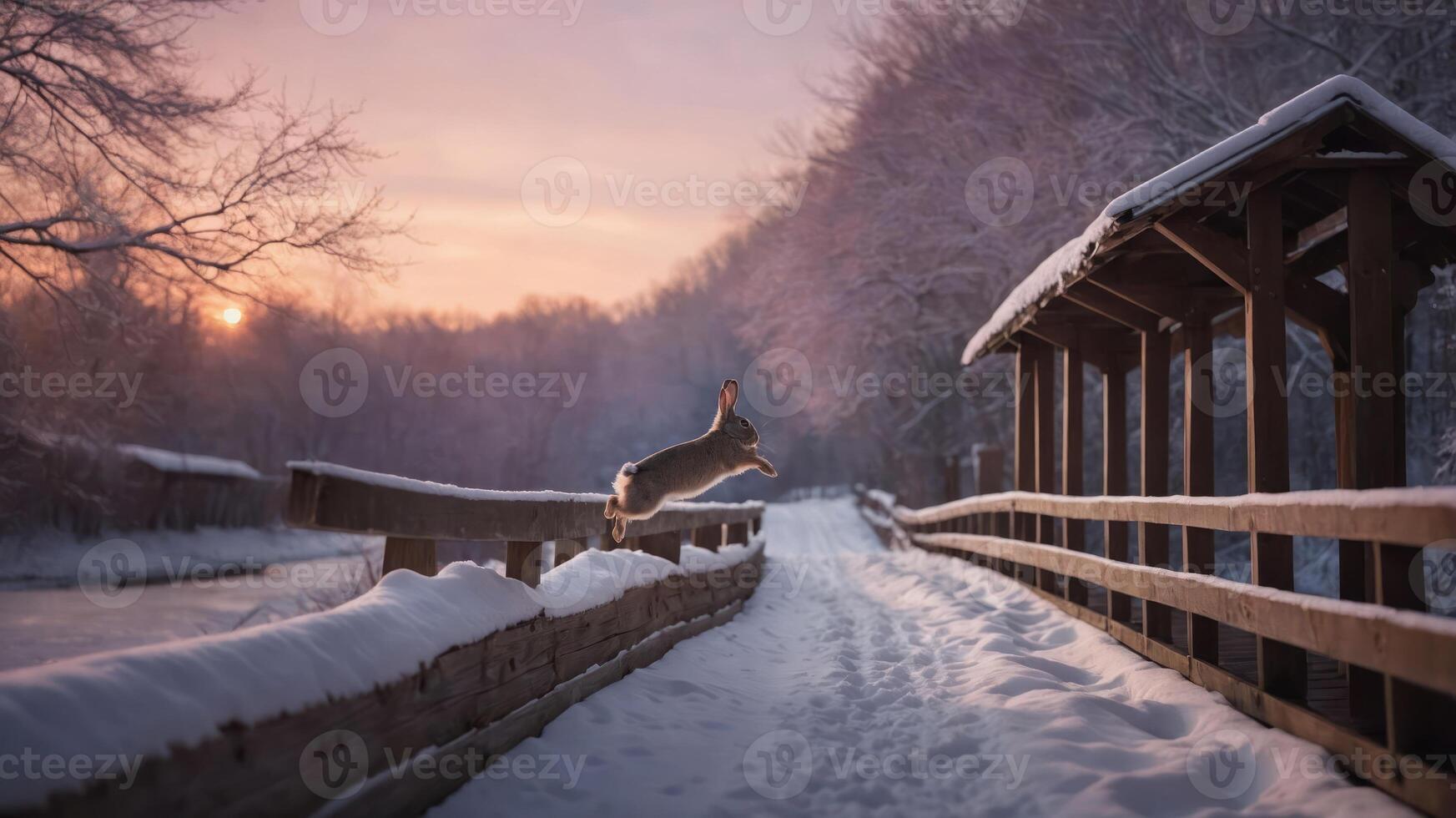 A rabbit leaps over a snowy pathway at sunset, surrounded by serene winter scenery. photo