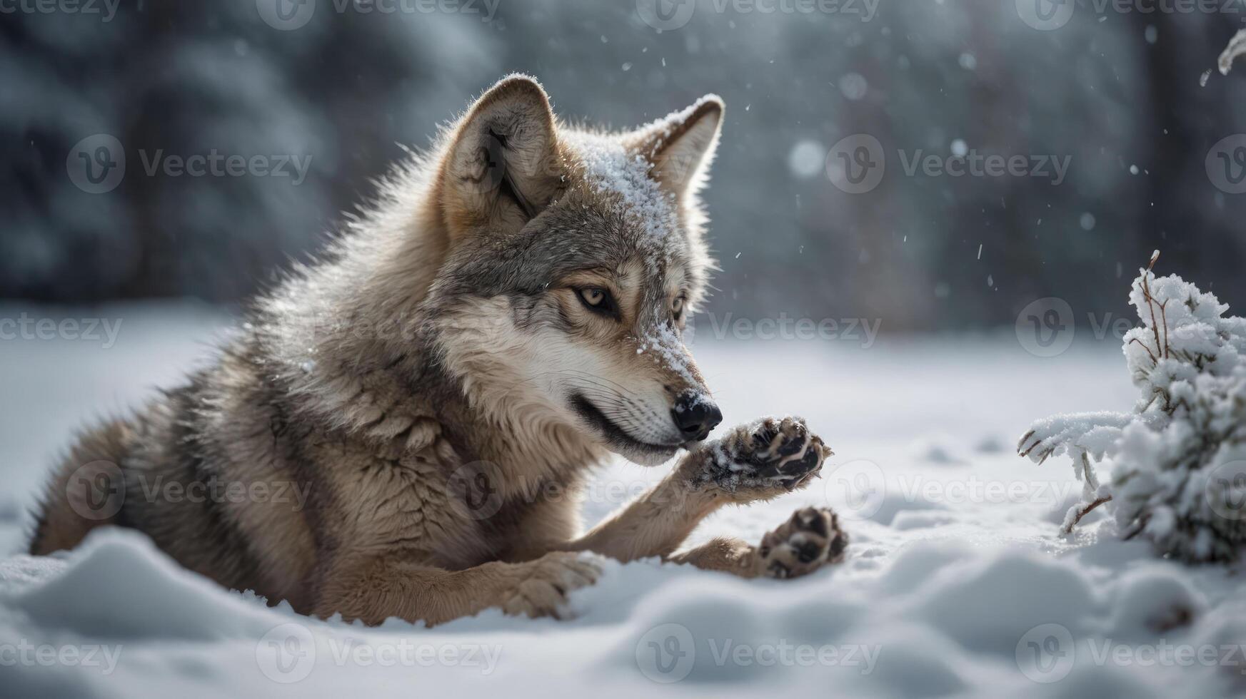 A wolf resting in a snowy landscape, showcasing its fur and serene expression. photo