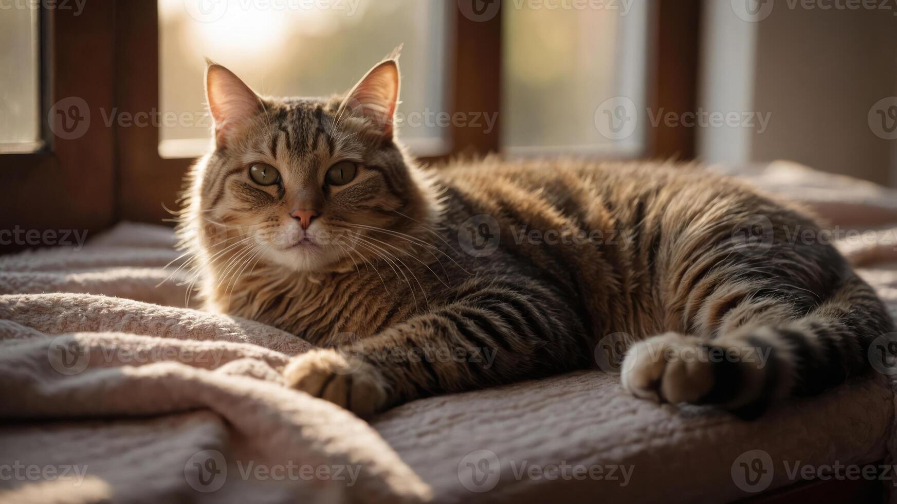 A serene cat lounging on a cozy surface with warm sunlight illuminating the scene. photo