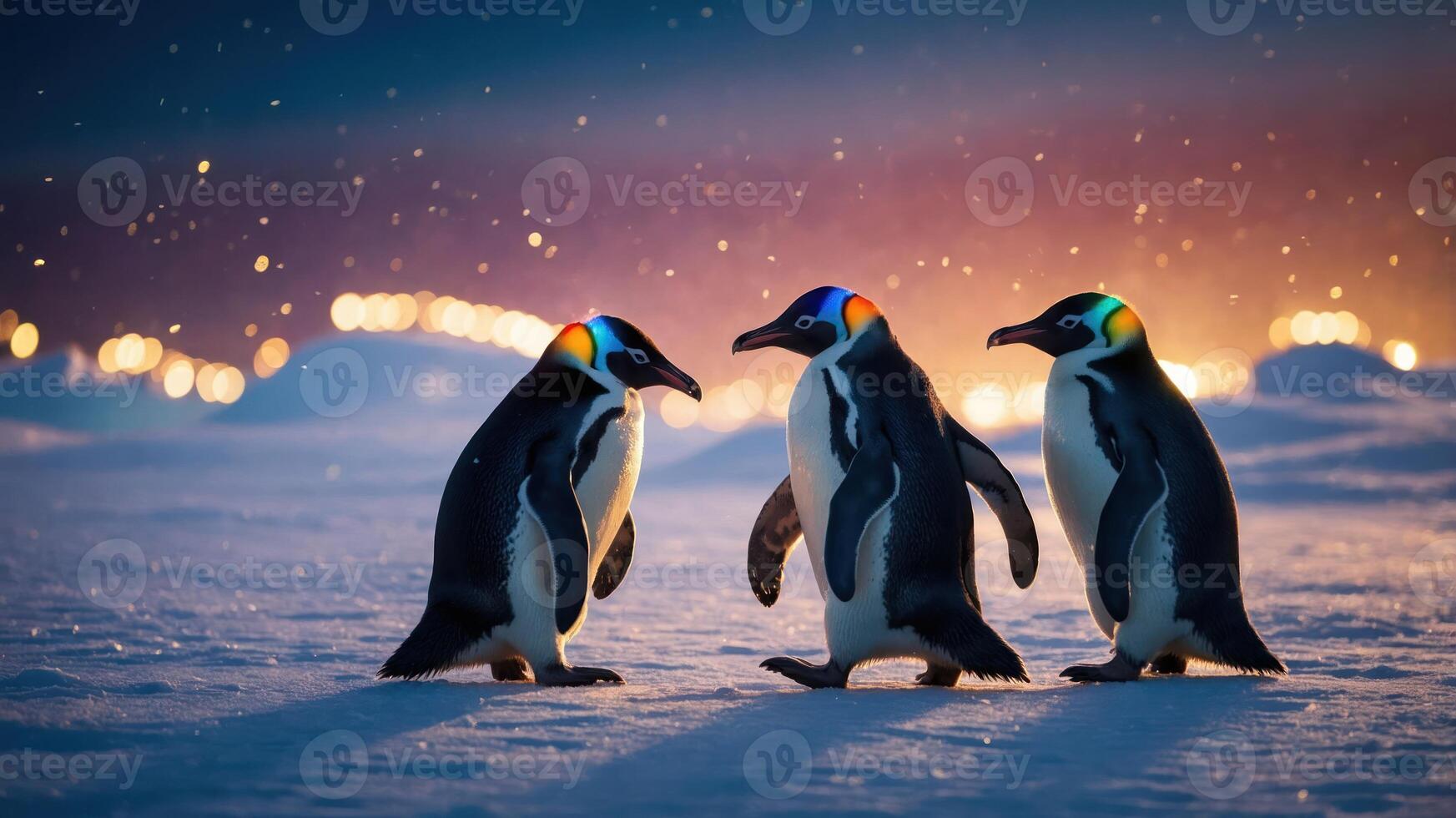 Three penguins standing on snow with a colorful background, evoking a whimsical atmosphere. photo