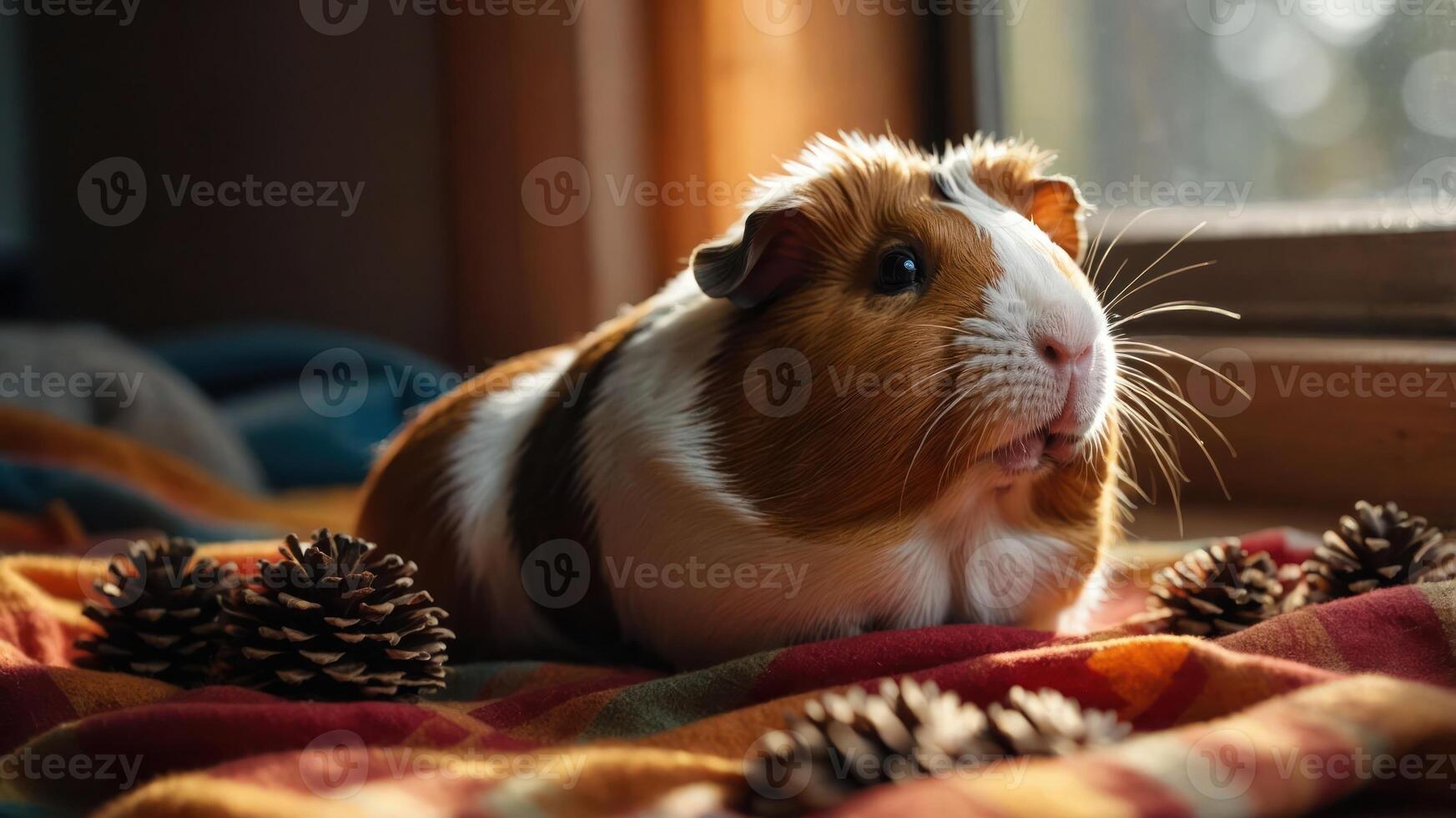 A guinea pig resting on a cozy blanket surrounded by pine cones in soft sunlight. photo