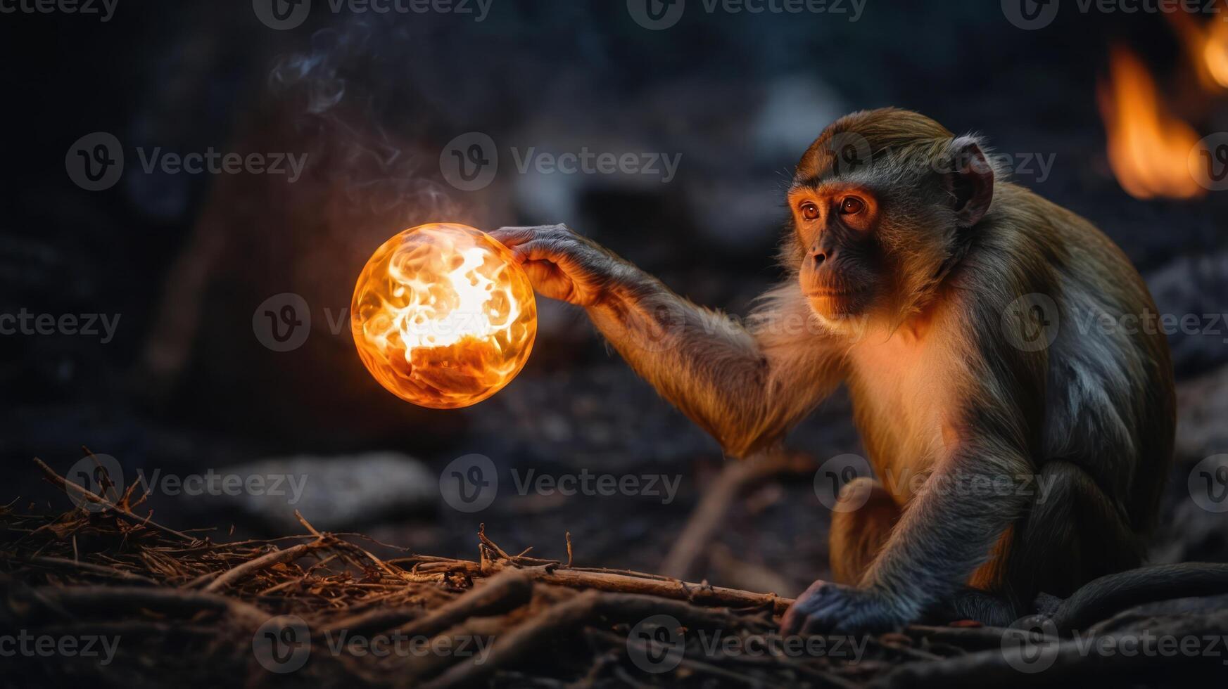 A monkey curiously interacts with a glowing, fiery orb in a dark, forested setting. photo