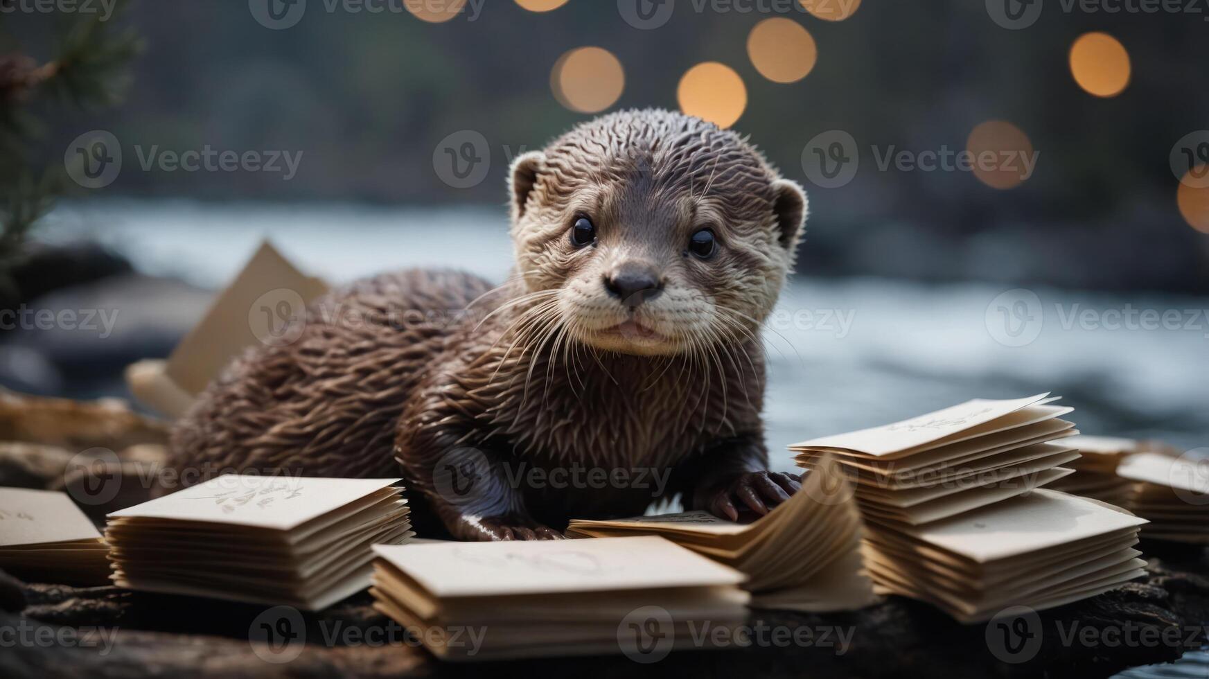 A cute otter surrounded by scattered cards near a river, creating a whimsical scene. photo