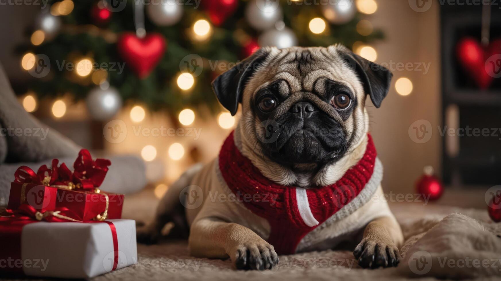 A pug in a festive setting with Christmas decorations and gifts. photo