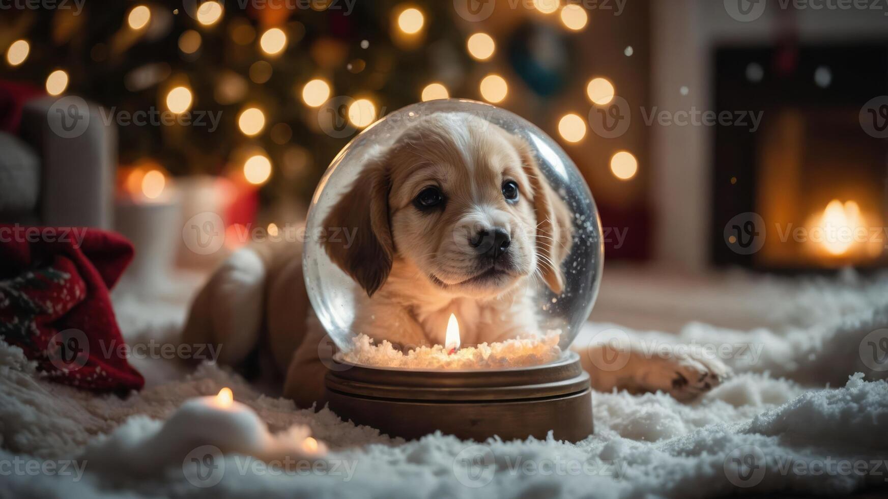 A puppy inside a snow globe, surrounded by festive decorations and warm lights. photo