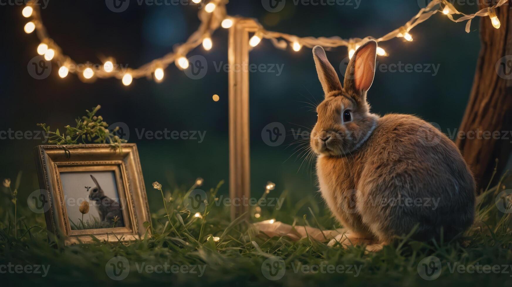A serene rabbit beside a framed picture and fairy lights in a garden setting. photo