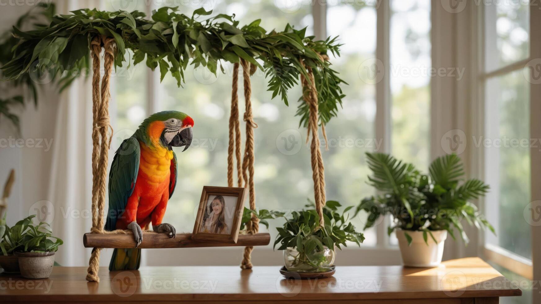 A vibrant parrot perched on a swing surrounded by plants and a framed photo. photo