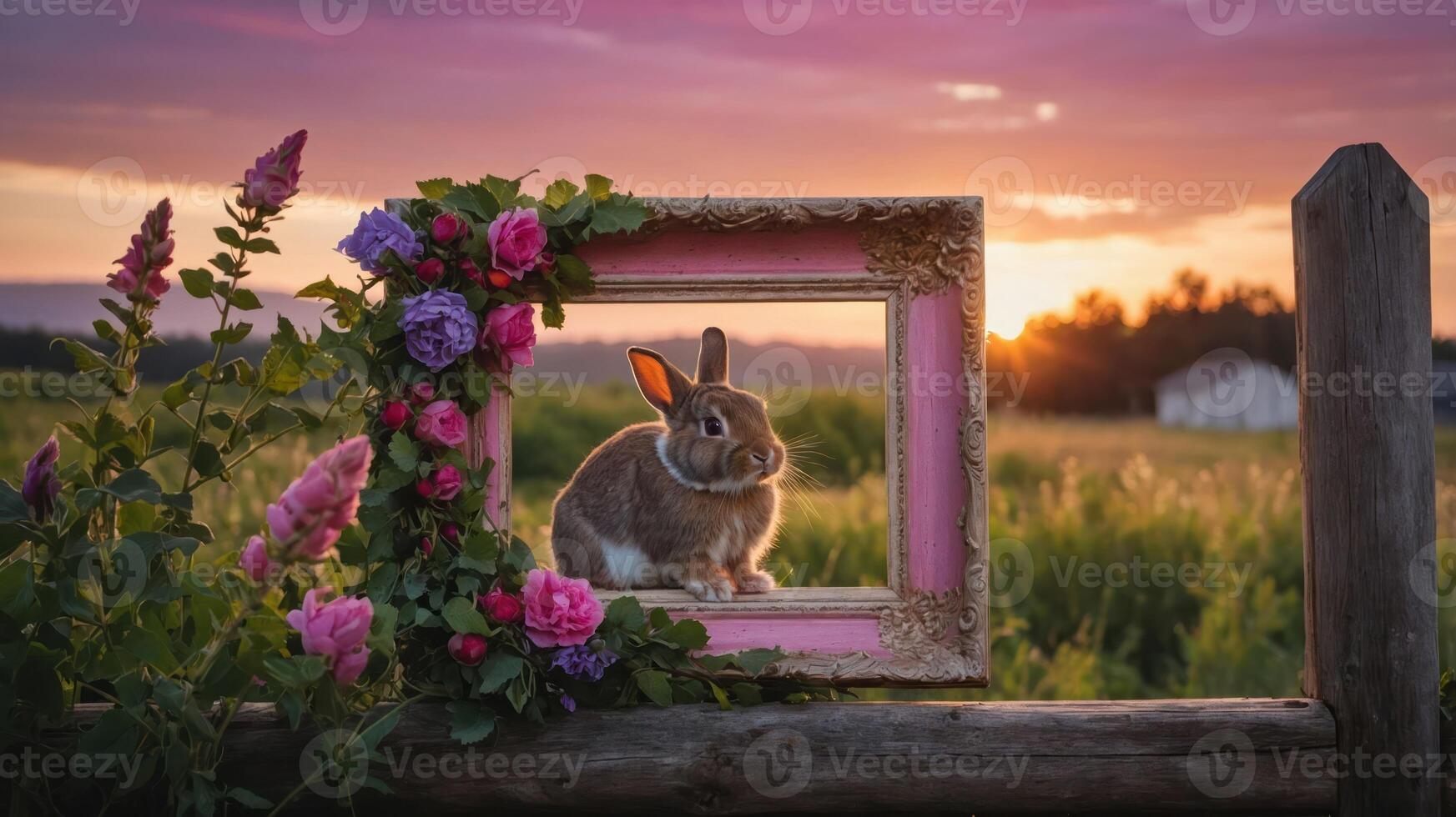 A rabbit sits within a floral frame at sunset, capturing a serene moment in nature. photo