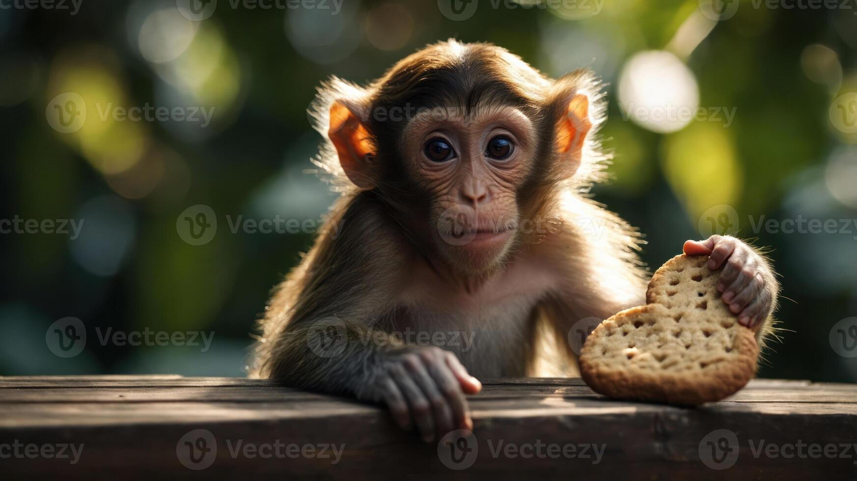 A young monkey holds a cookie, looking curiously at the viewer in a natural setting. photo