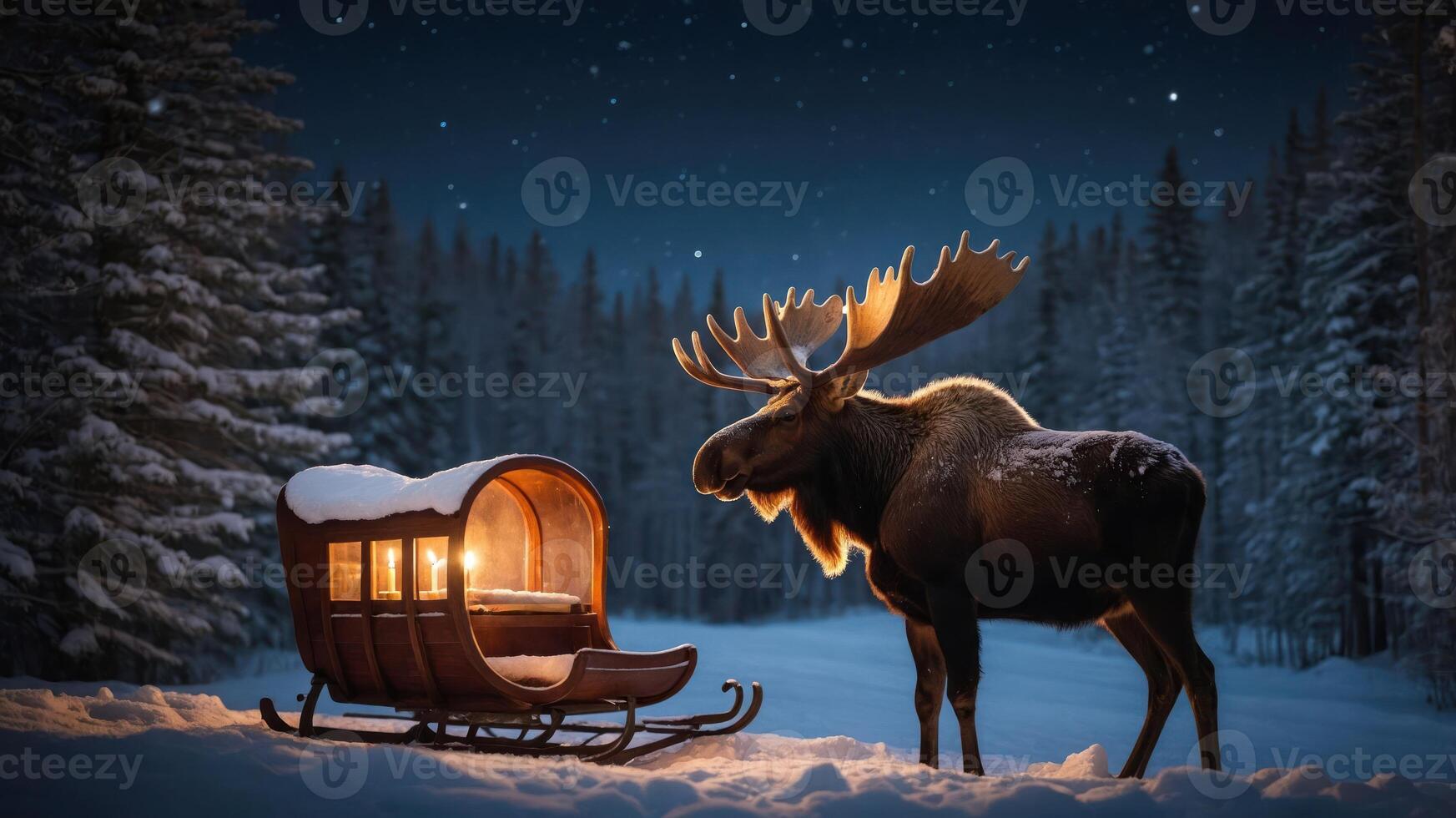 A moose stands beside a snowy sleigh in a serene, starry winter forest. photo