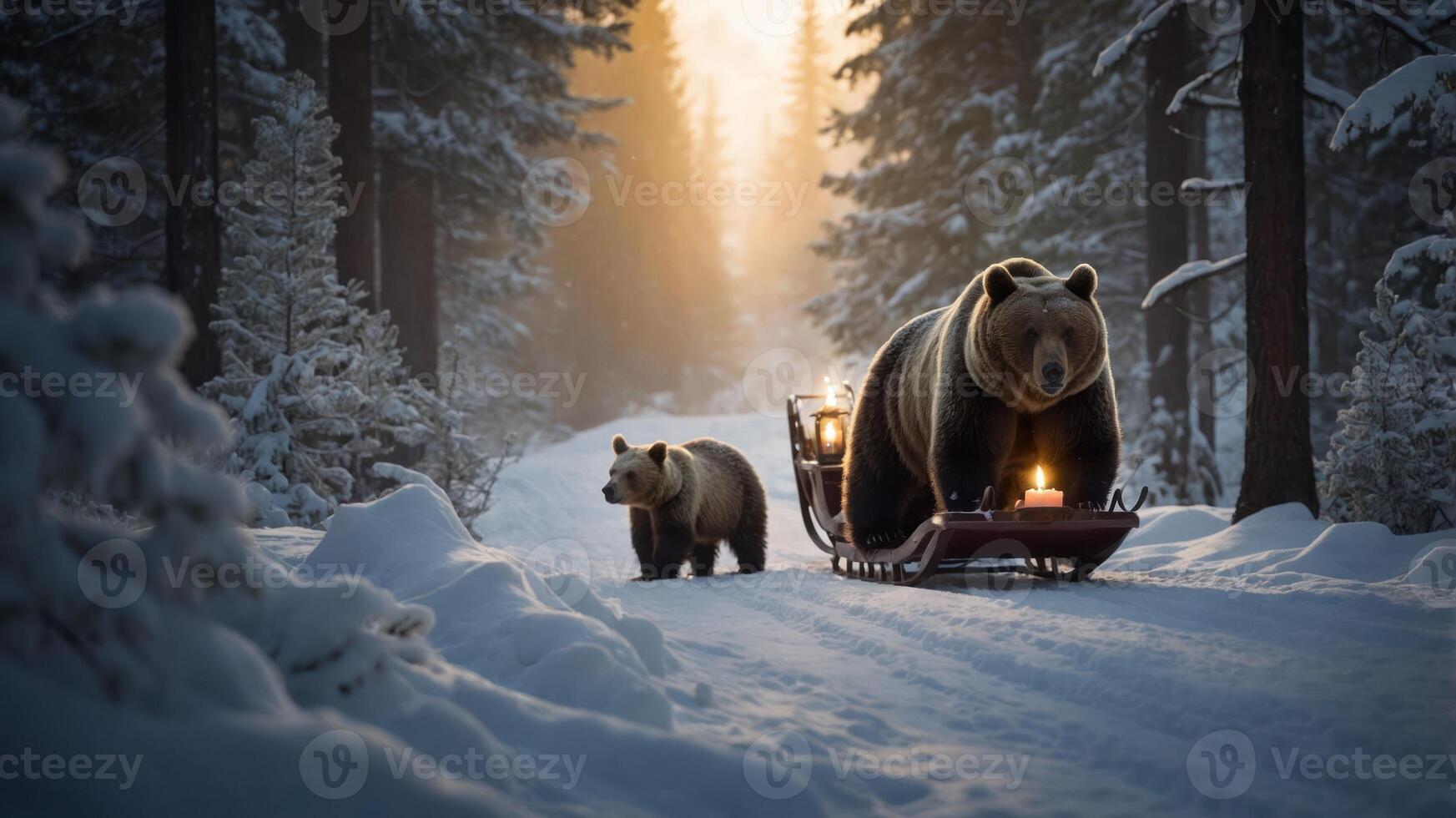 Two bears walking through a snowy forest, one pulling a sled with lanterns. photo