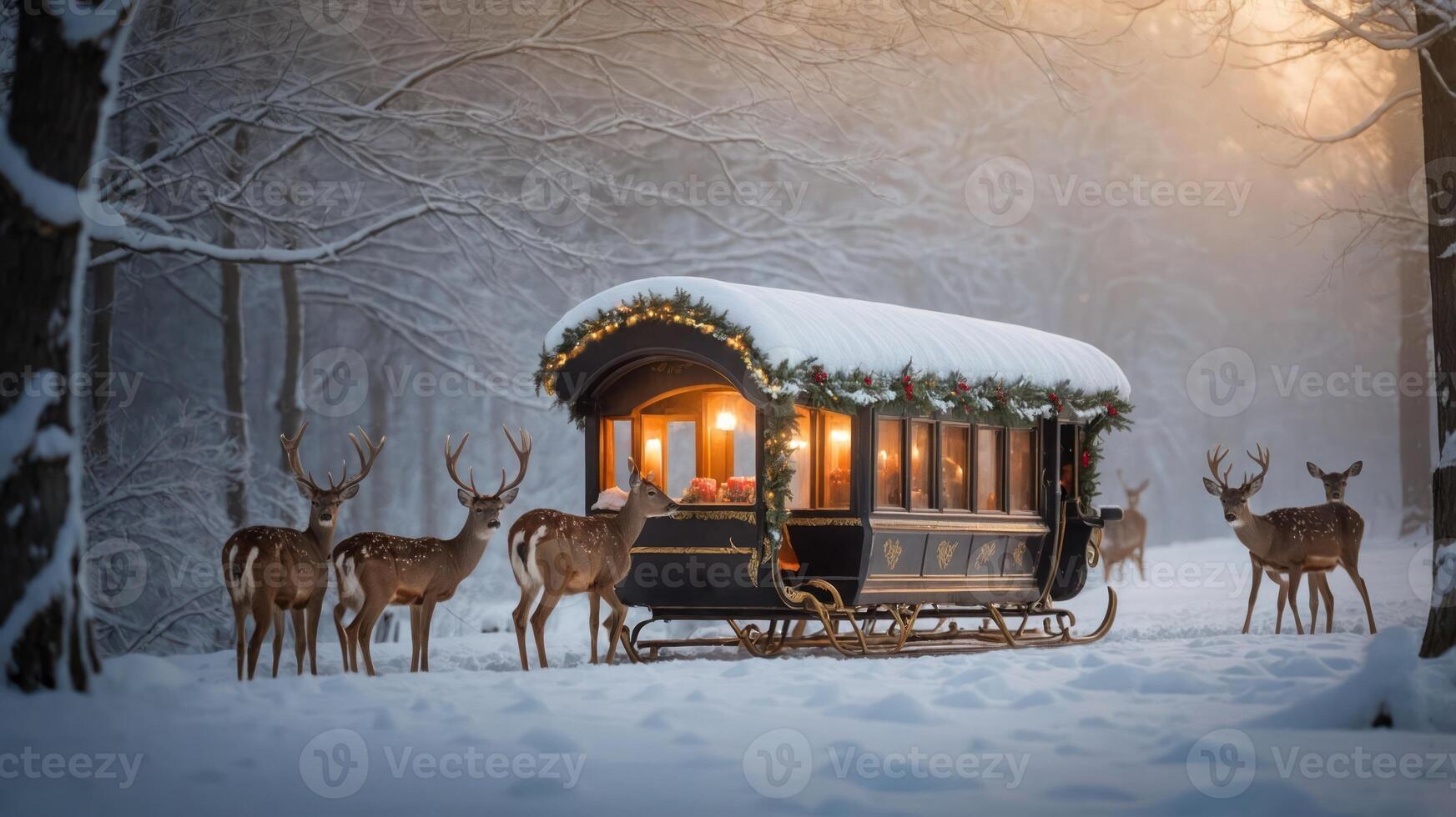 A festive sleigh in a snowy forest, surrounded by curious deer. photo