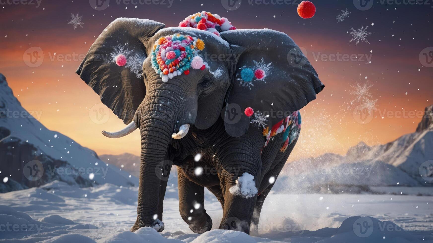 An elephant adorned with colorful decorations walks through a snowy landscape at sunset. photo