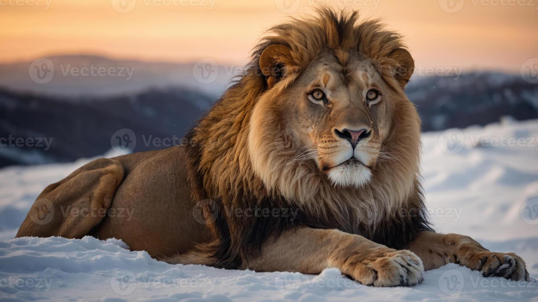 A majestic lion resting on snow with a serene sunset backdrop. photo