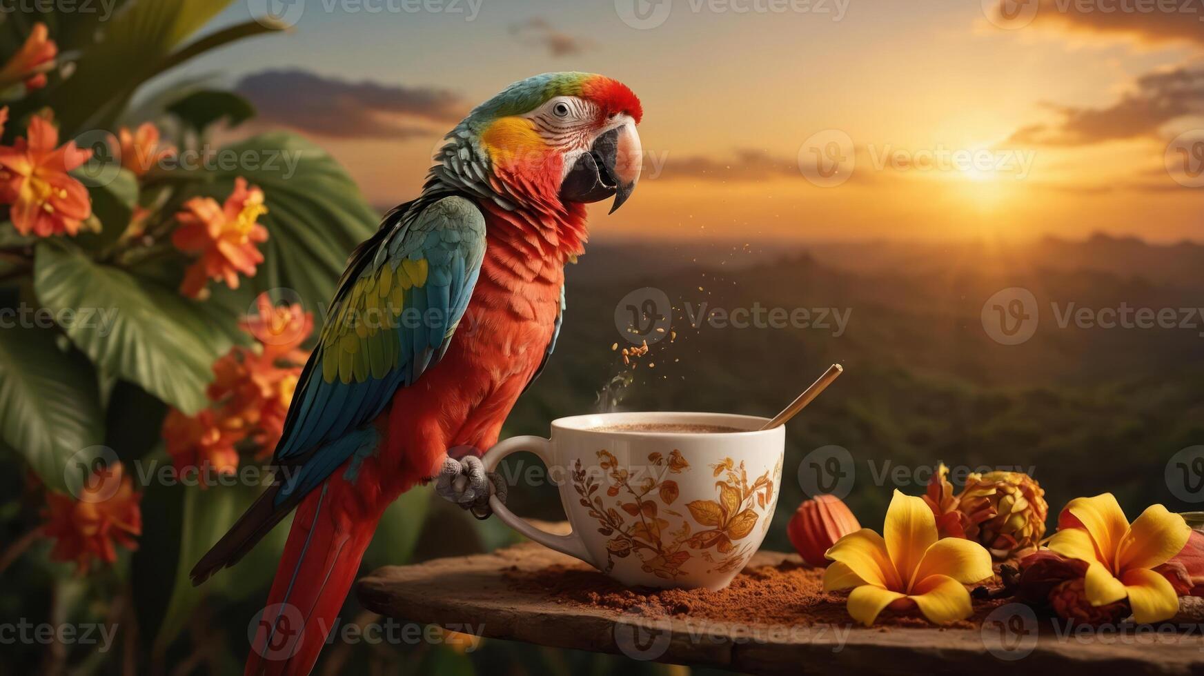 A vibrant parrot beside a cup of coffee amidst tropical flowers and a sunset landscape. photo