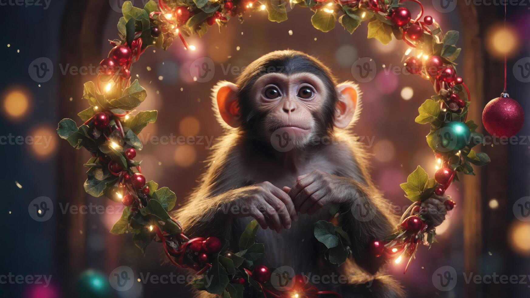 A cute monkey surrounded by a festive wreath adorned with lights and ornaments. photo