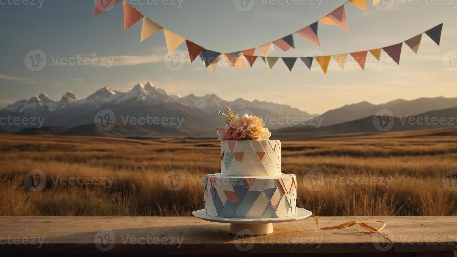 A beautifully decorated cake set against a scenic mountain backdrop with festive bunting. photo