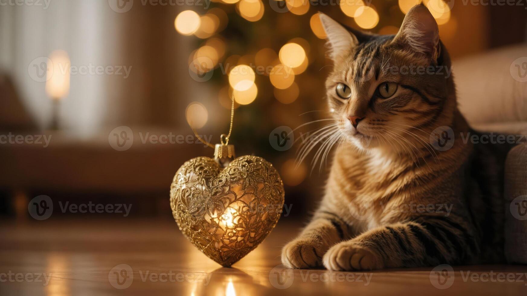 A cat lies beside a glowing heart ornament, with a festive background of lights. photo