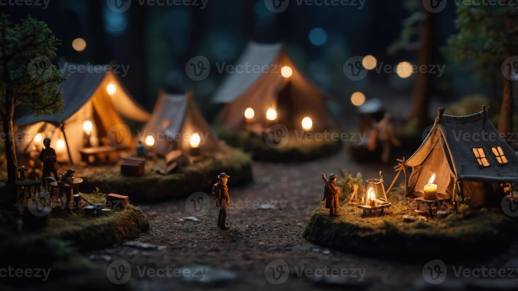 A miniature camping scene with tents, figures, and warm lights creating a cozy atmosphere. photo