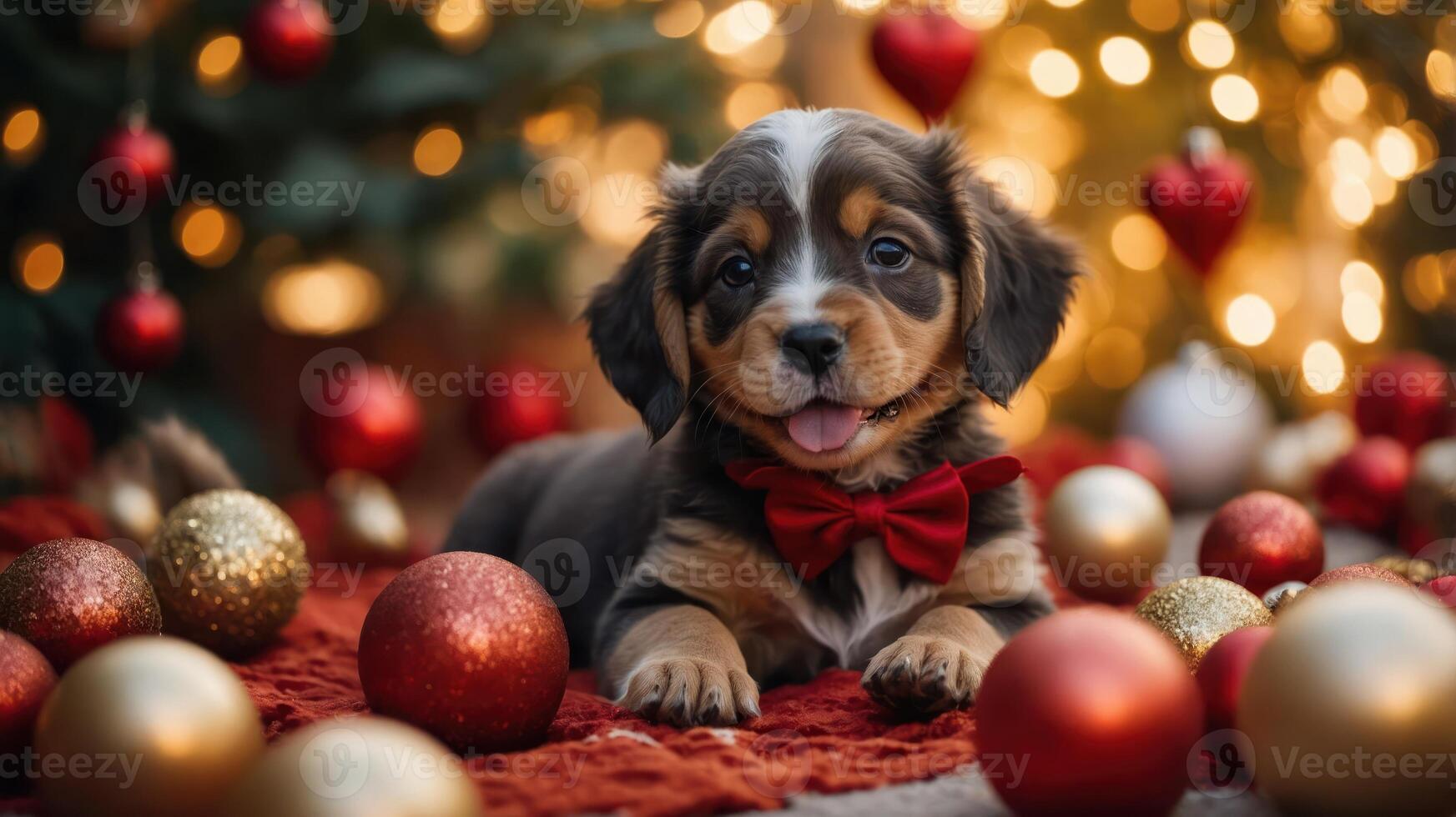 A festive puppy with a bowtie surrounded by Christmas ornaments and lights. photo