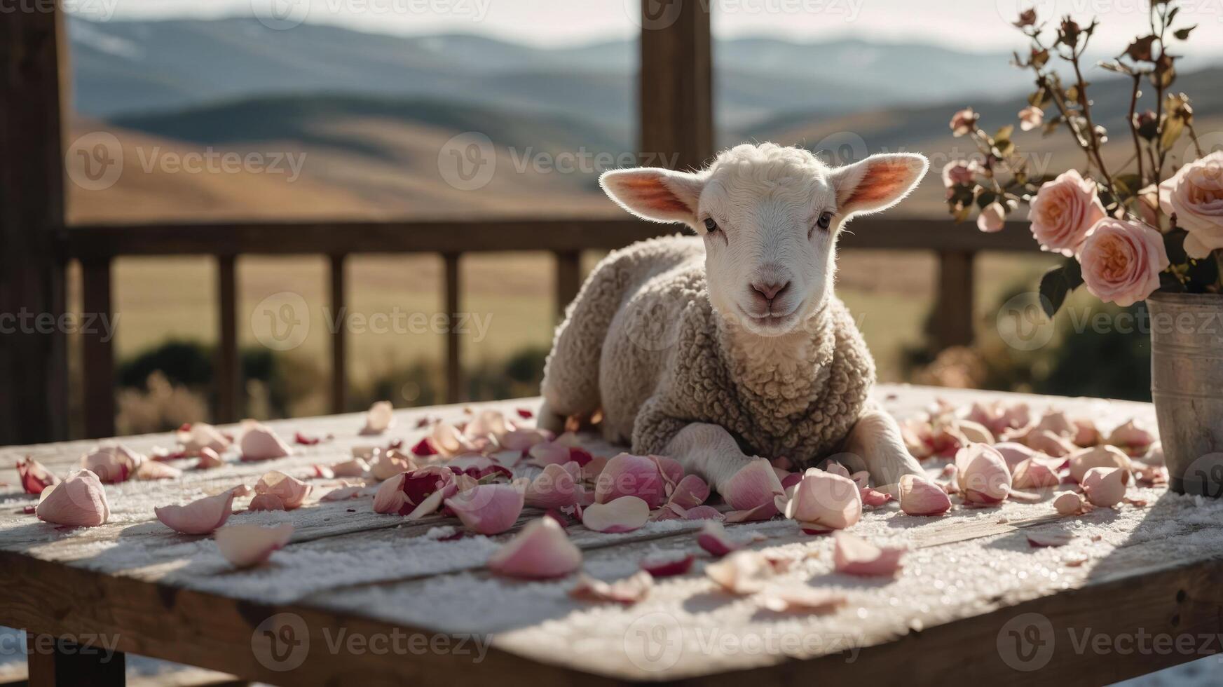A lamb resting on a table adorned with rose petals, surrounded by a scenic landscape. photo