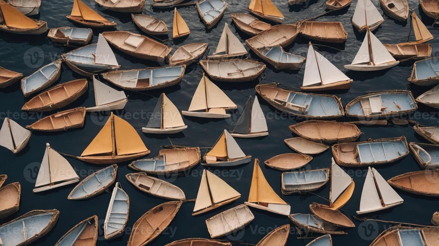 Aerial view of various small boats with sails floating on dark water. photo