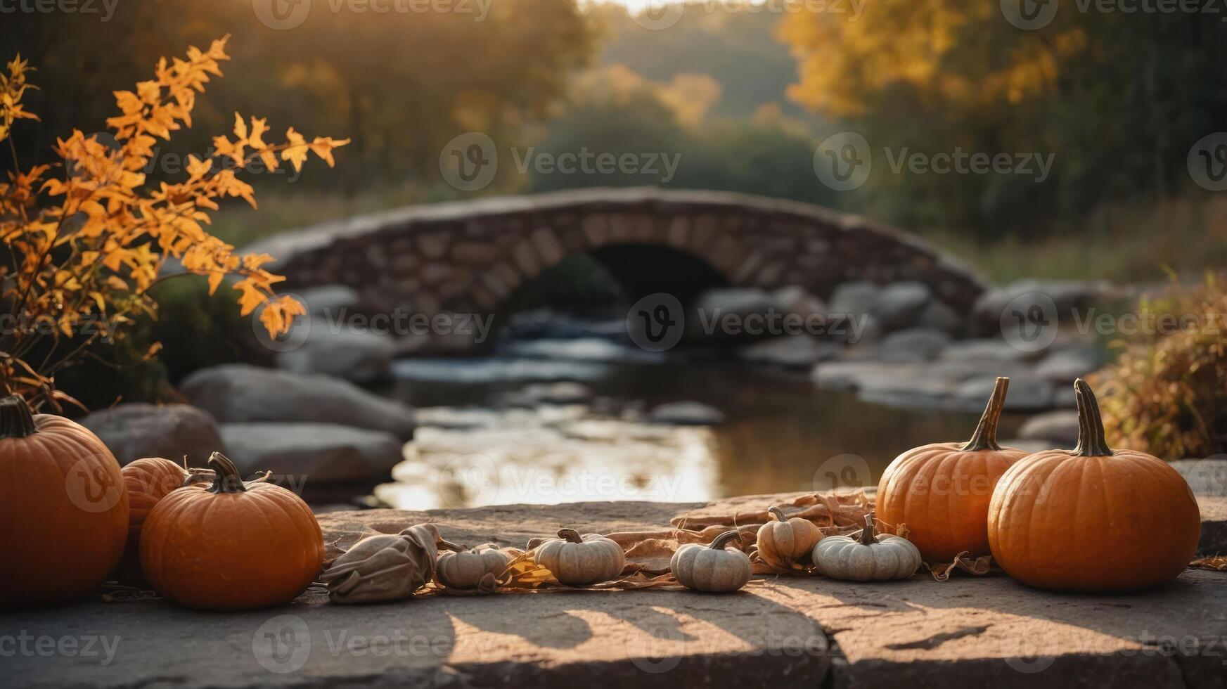 A serene autumn scene with pumpkins by a tranquil stream and stone bridge. photo
