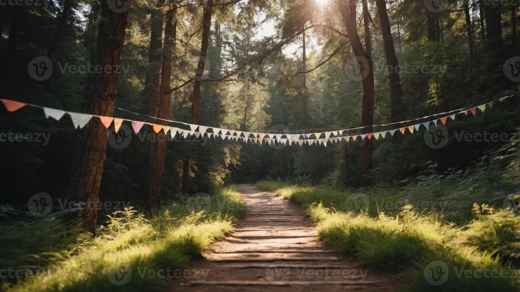 A serene forest path adorned with colorful bunting, illuminated by soft sunlight. photo