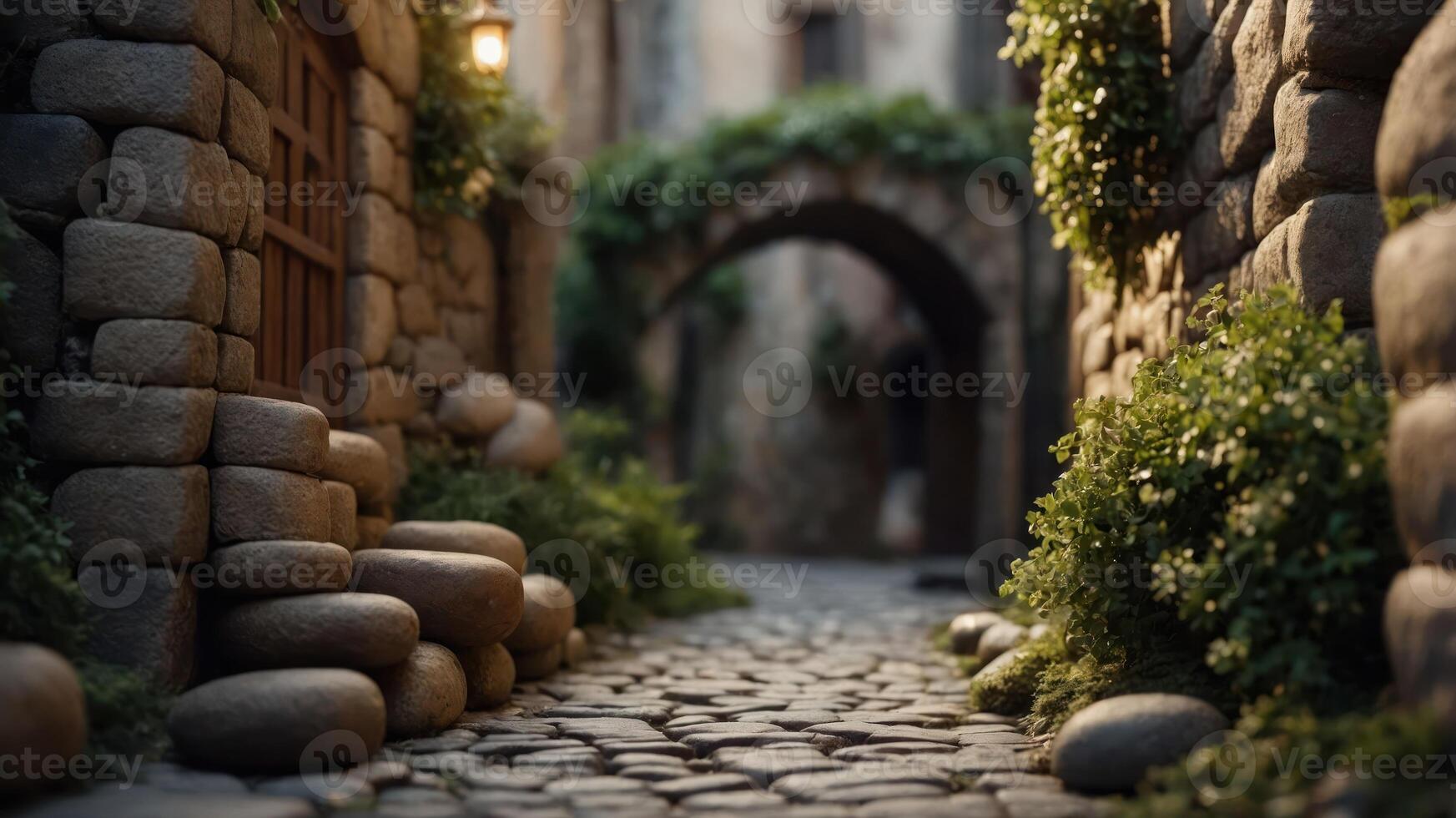 A serene cobblestone alleyway with lush greenery and rustic stone architecture. photo