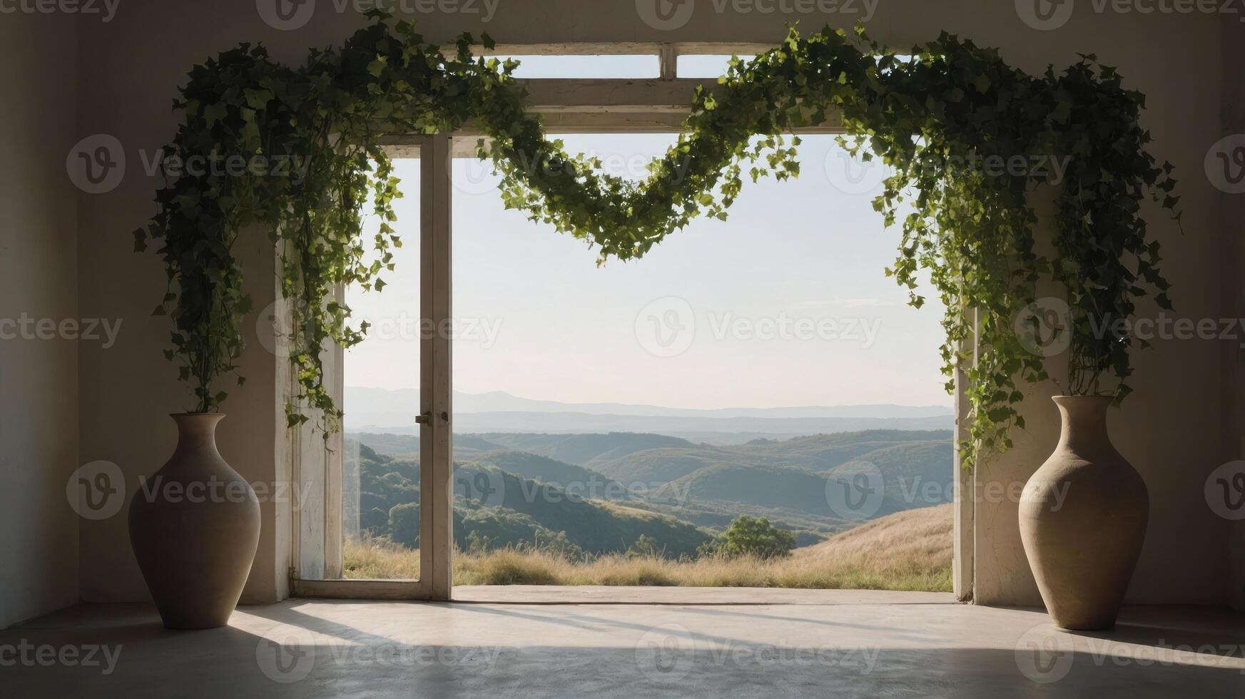 A serene view from a room with plants framing an open doorway overlooking rolling hills. photo