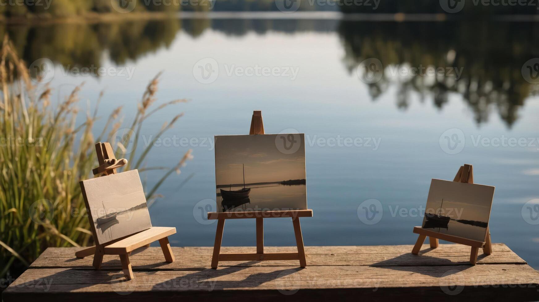 Three small easels display paintings by a tranquil lake, reflecting nature's beauty. photo