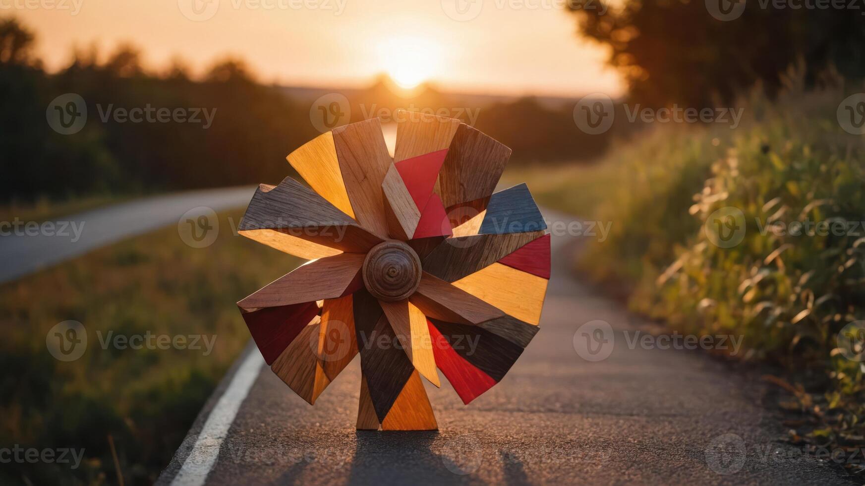 A colorful windmill sculpture on a road at sunset, blending art with nature. photo