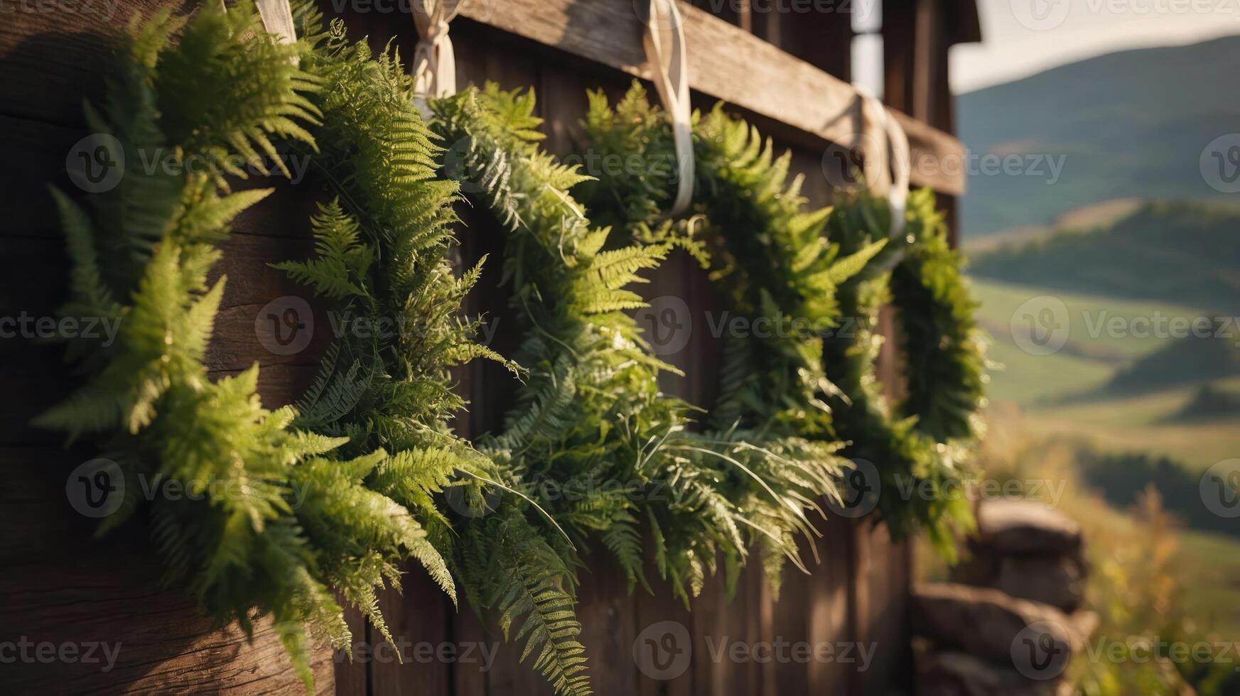 Lush green fern wreaths hanging against a rustic wooden backdrop in a scenic landscape. photo