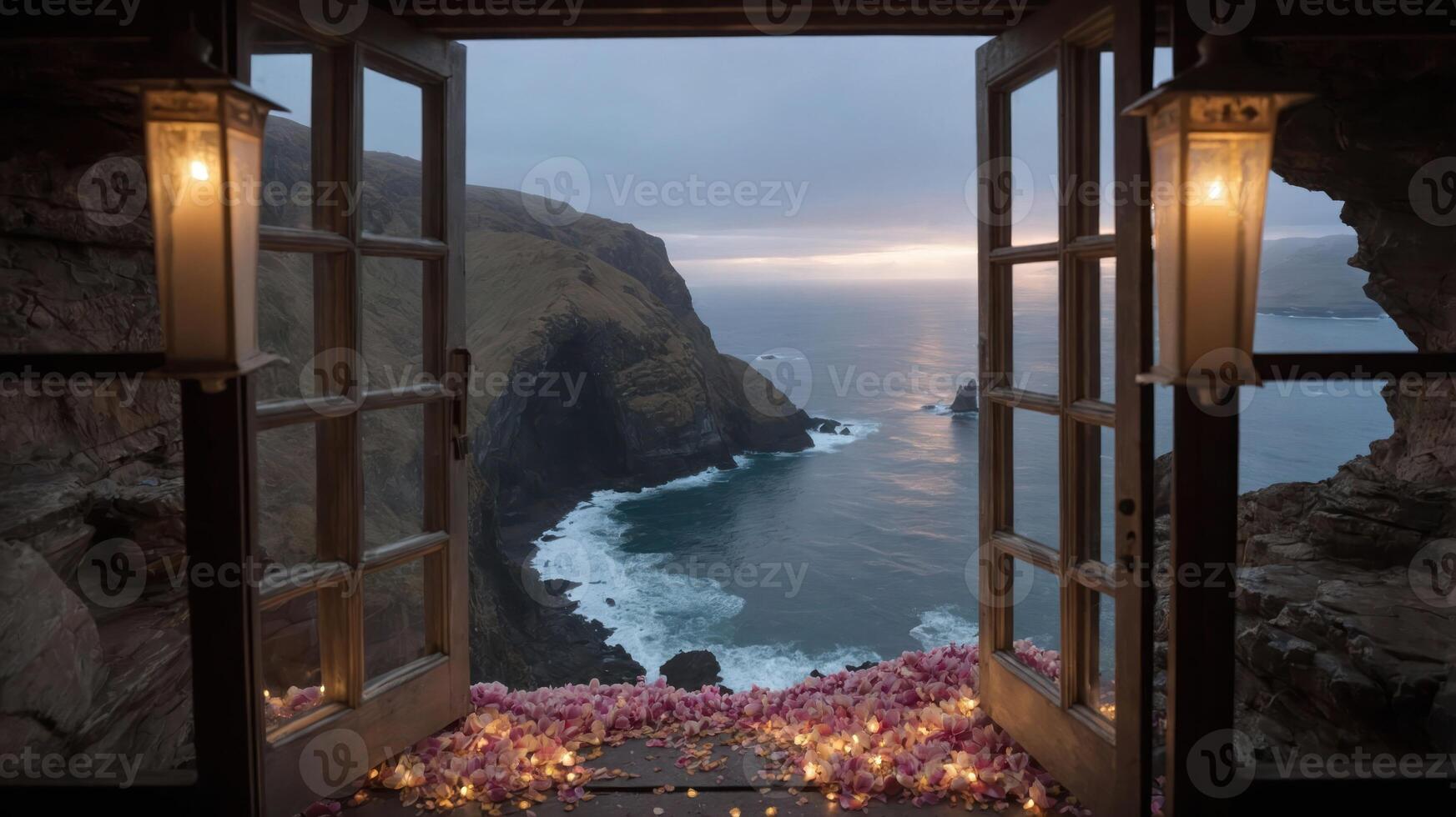A serene coastal view framed by open doors, adorned with flowers and lanterns. photo