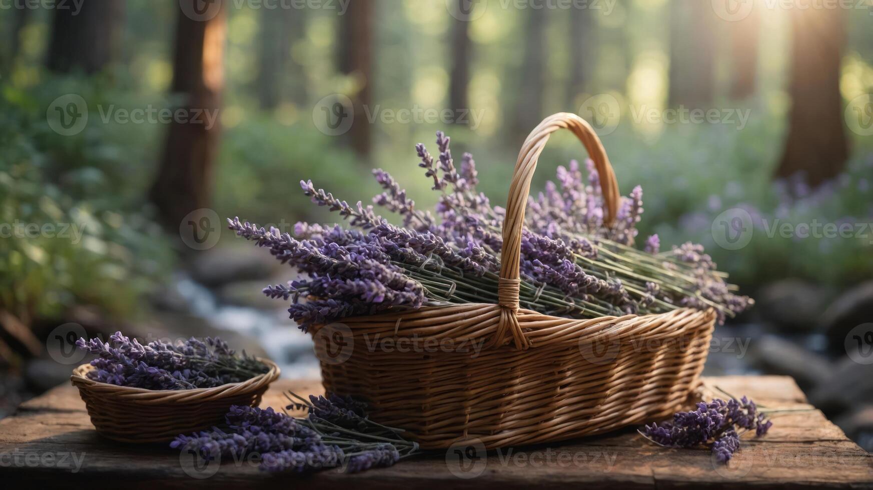 A woven basket filled with lavender flowers beside a tranquil stream in a sunlit forest. photo