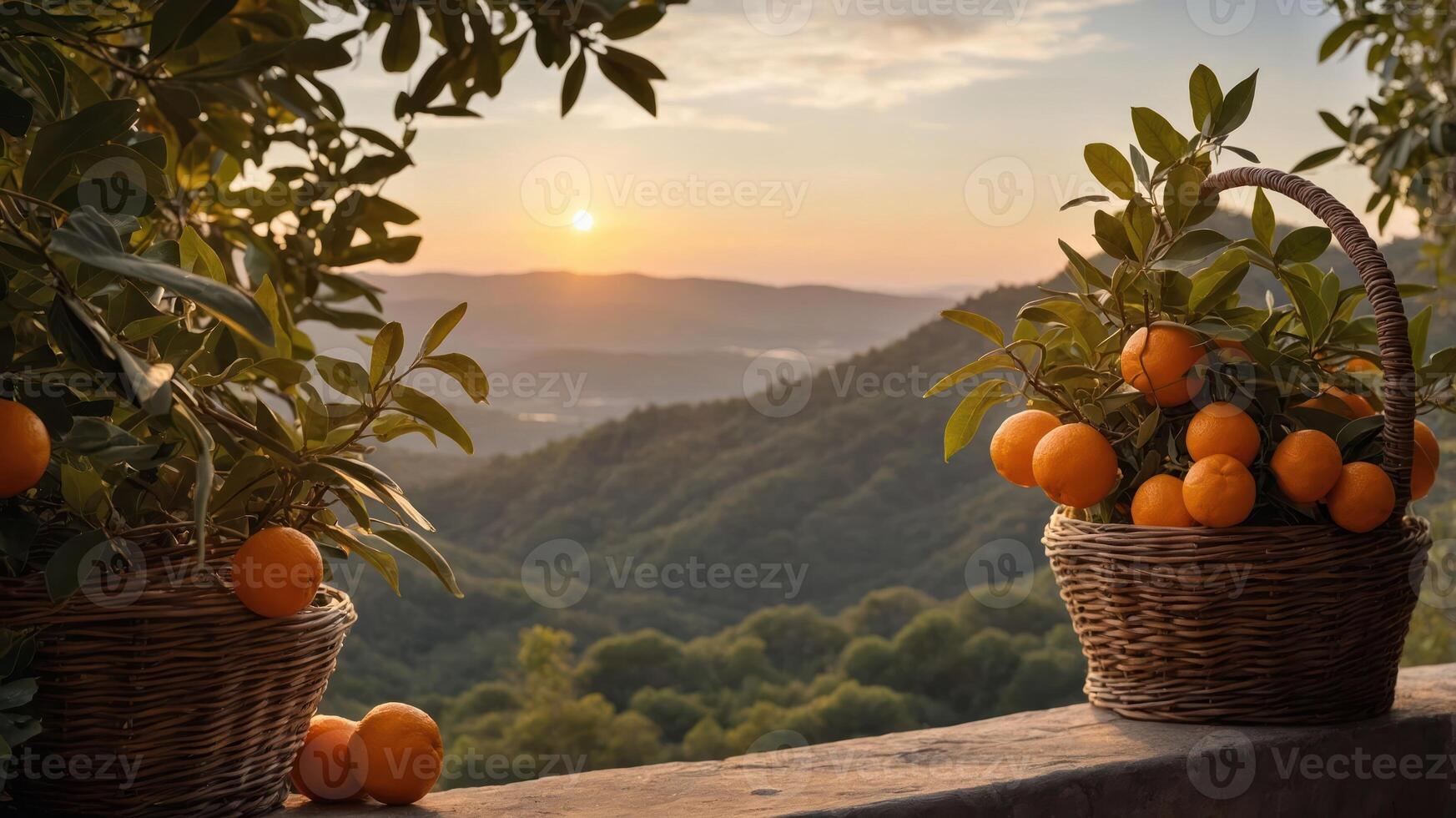 A serene sunset view with baskets of oranges overlooking a lush landscape. photo