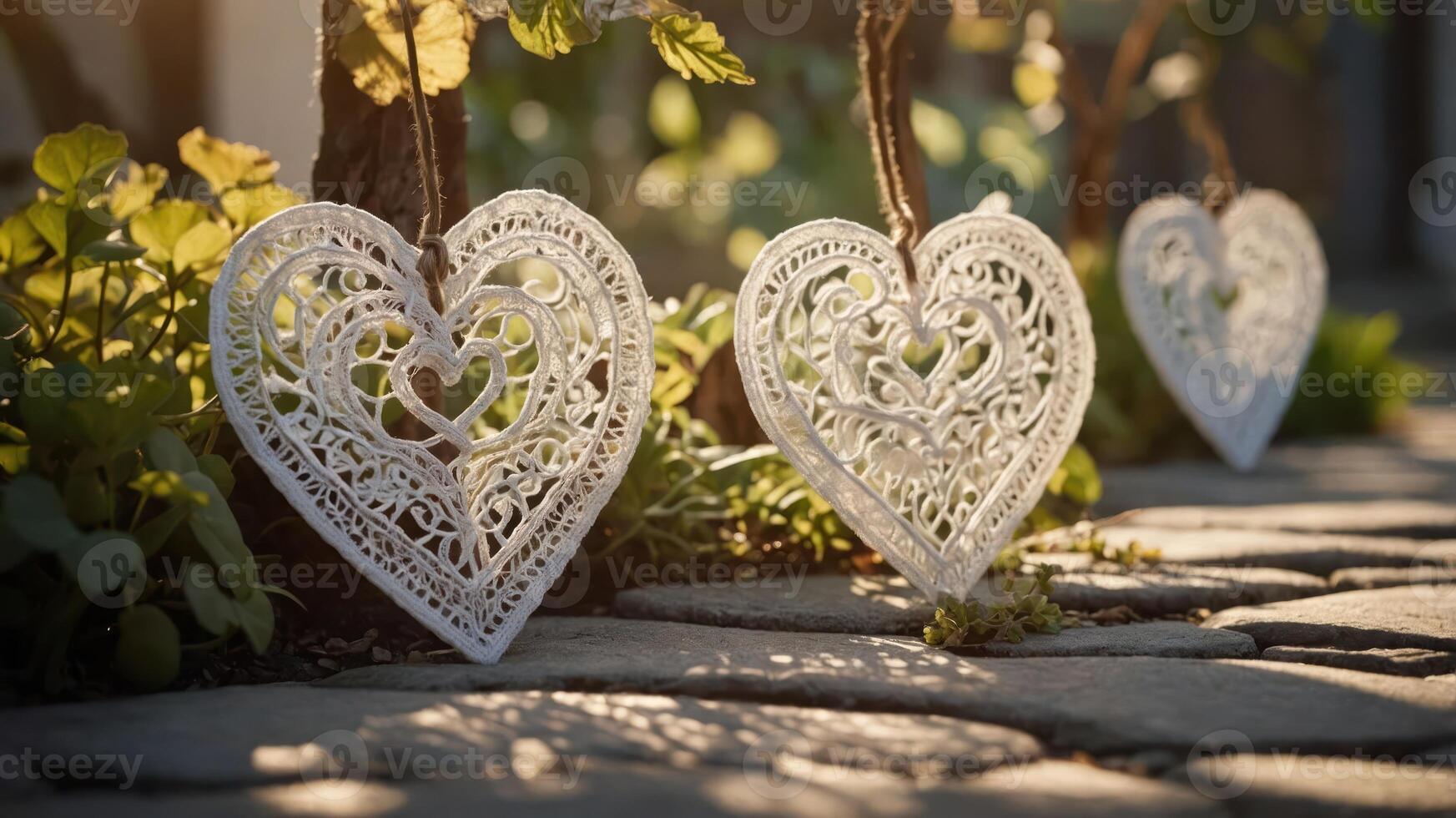 Decorative white hearts on a stone pathway surrounded by greenery in warm sunlight. photo