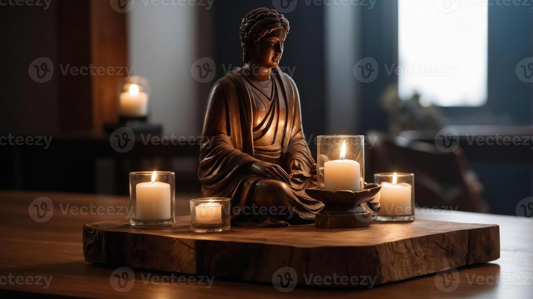 A serene setup featuring a Buddha statue and candles, promoting relaxation and mindfulness. photo