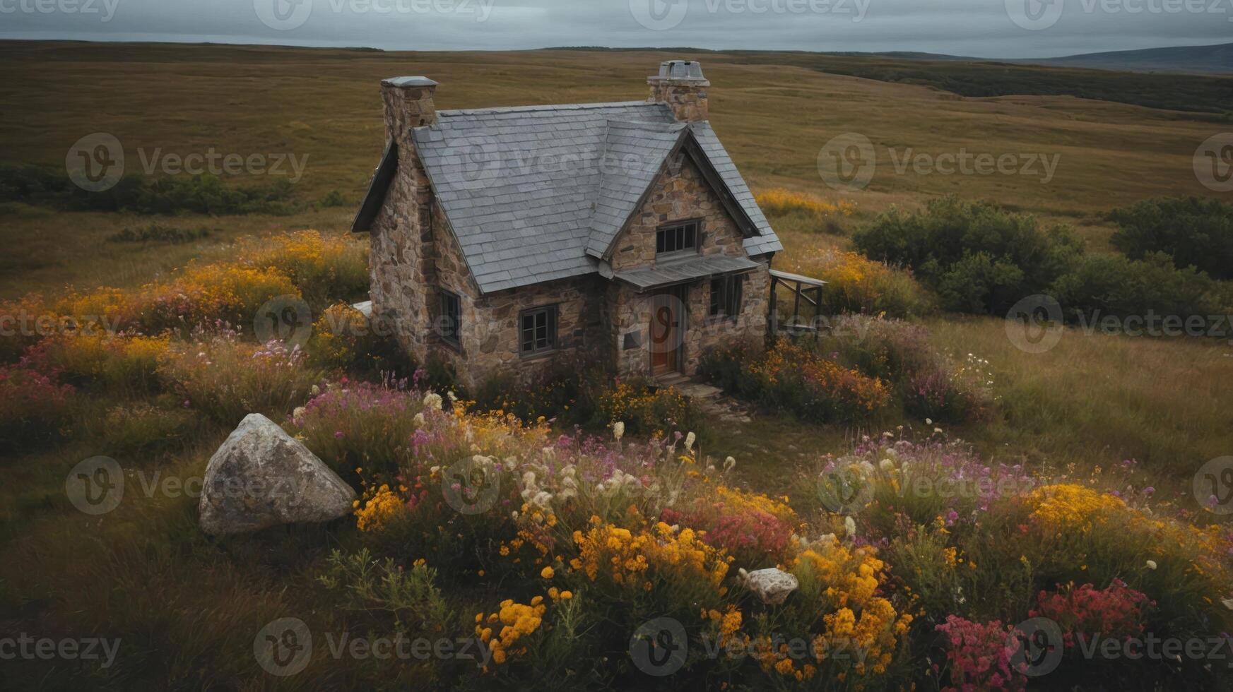 A quaint stone cottage surrounded by vibrant wildflowers in a serene landscape. photo