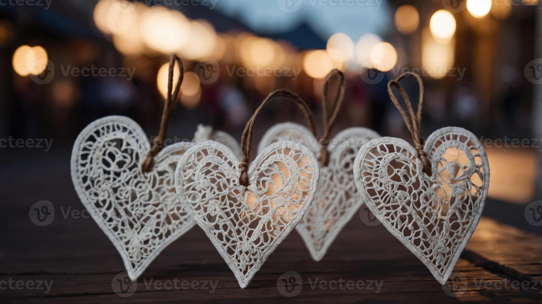 Decorative lace hearts arranged on a table, creating a romantic atmosphere. photo