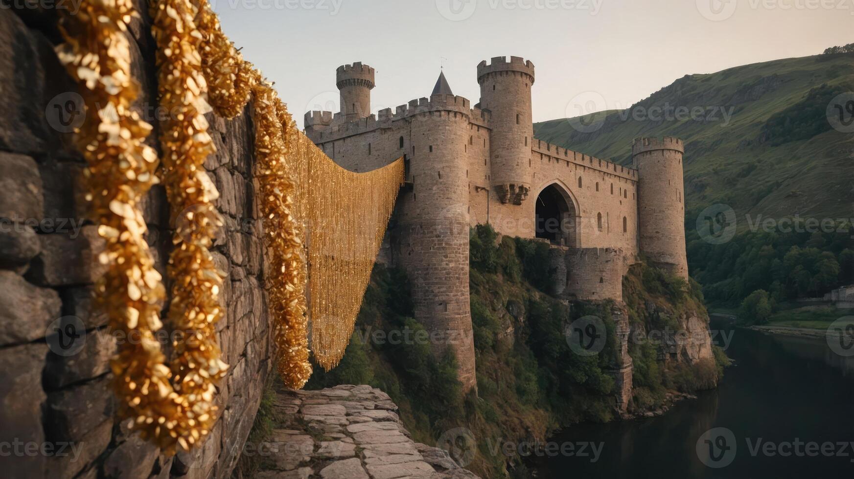 A scenic view of a medieval castle with a golden drape along the stone wall. photo