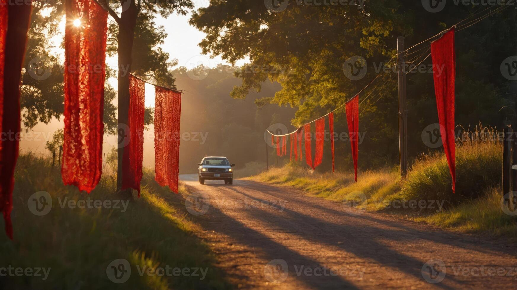 A serene dirt road lined with flowing red fabric banners, illuminated by soft sunlight. photo
