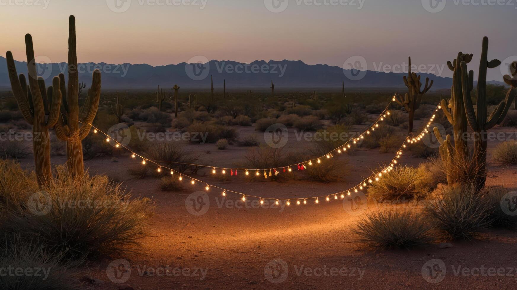 Desert landscape at dusk adorned with string lights between cacti. photo