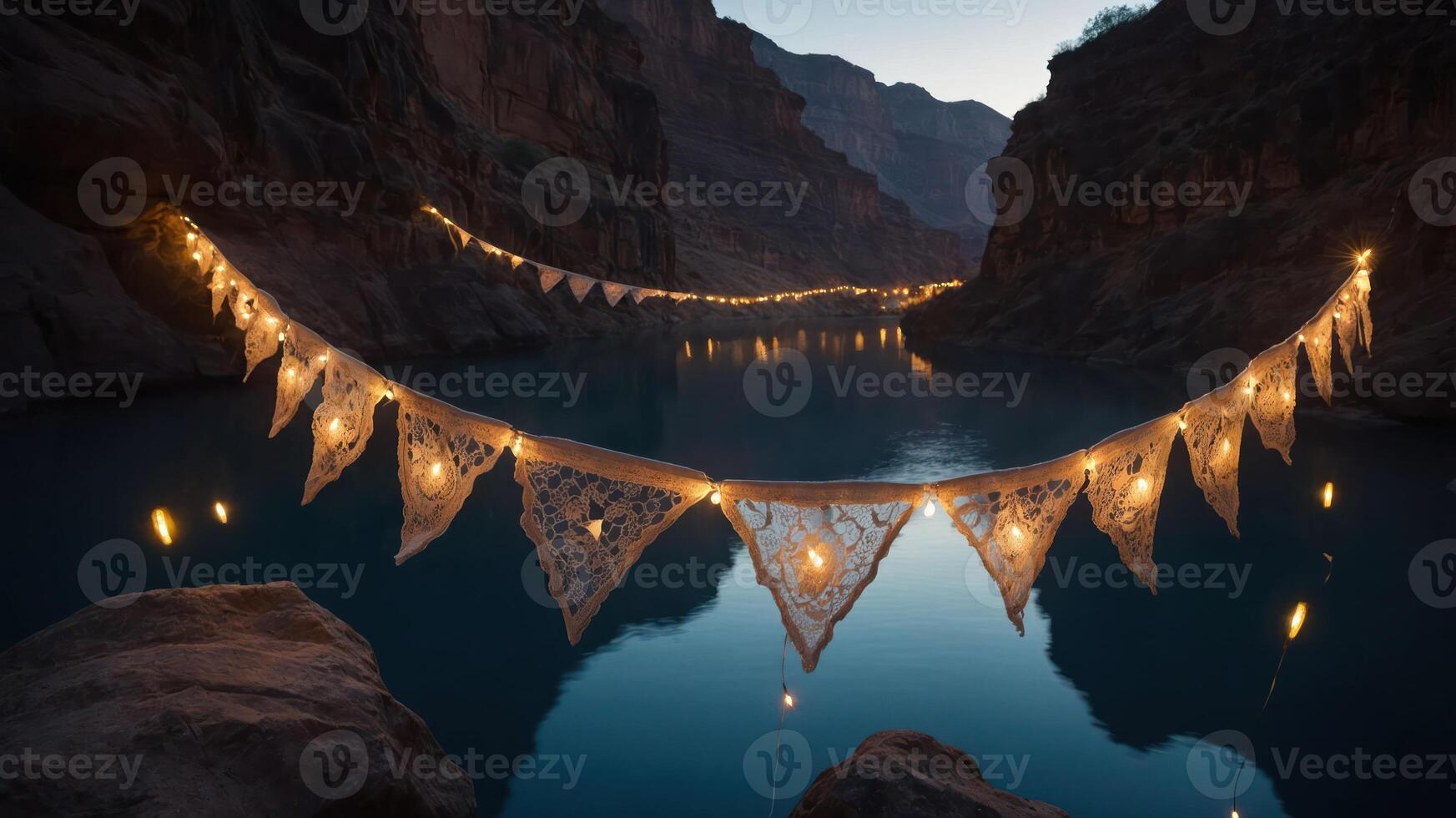 A serene landscape featuring illuminated lace bunting over a tranquil river at dusk. photo