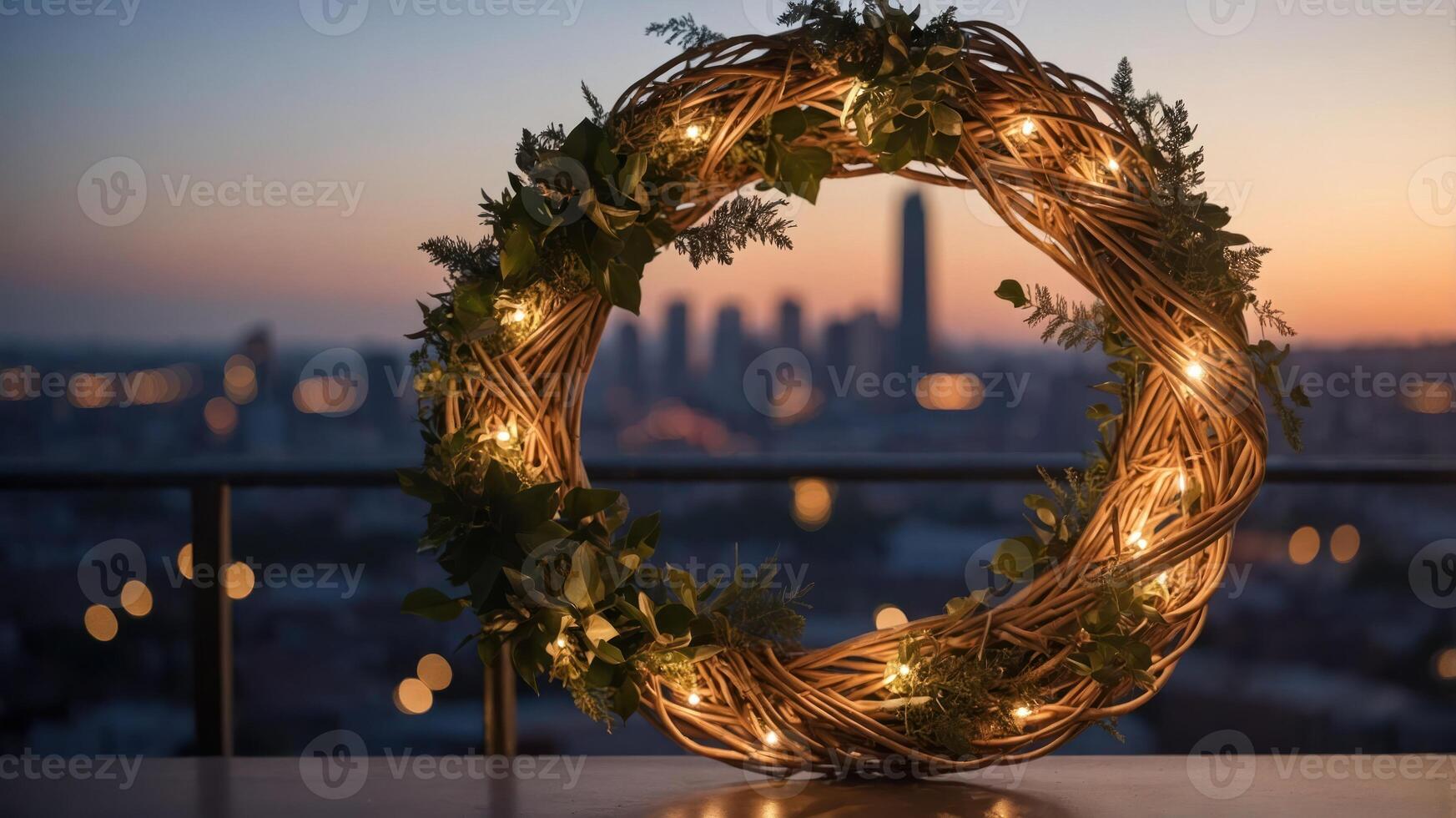 A decorative wreath with lights against a city skyline at sunset. photo